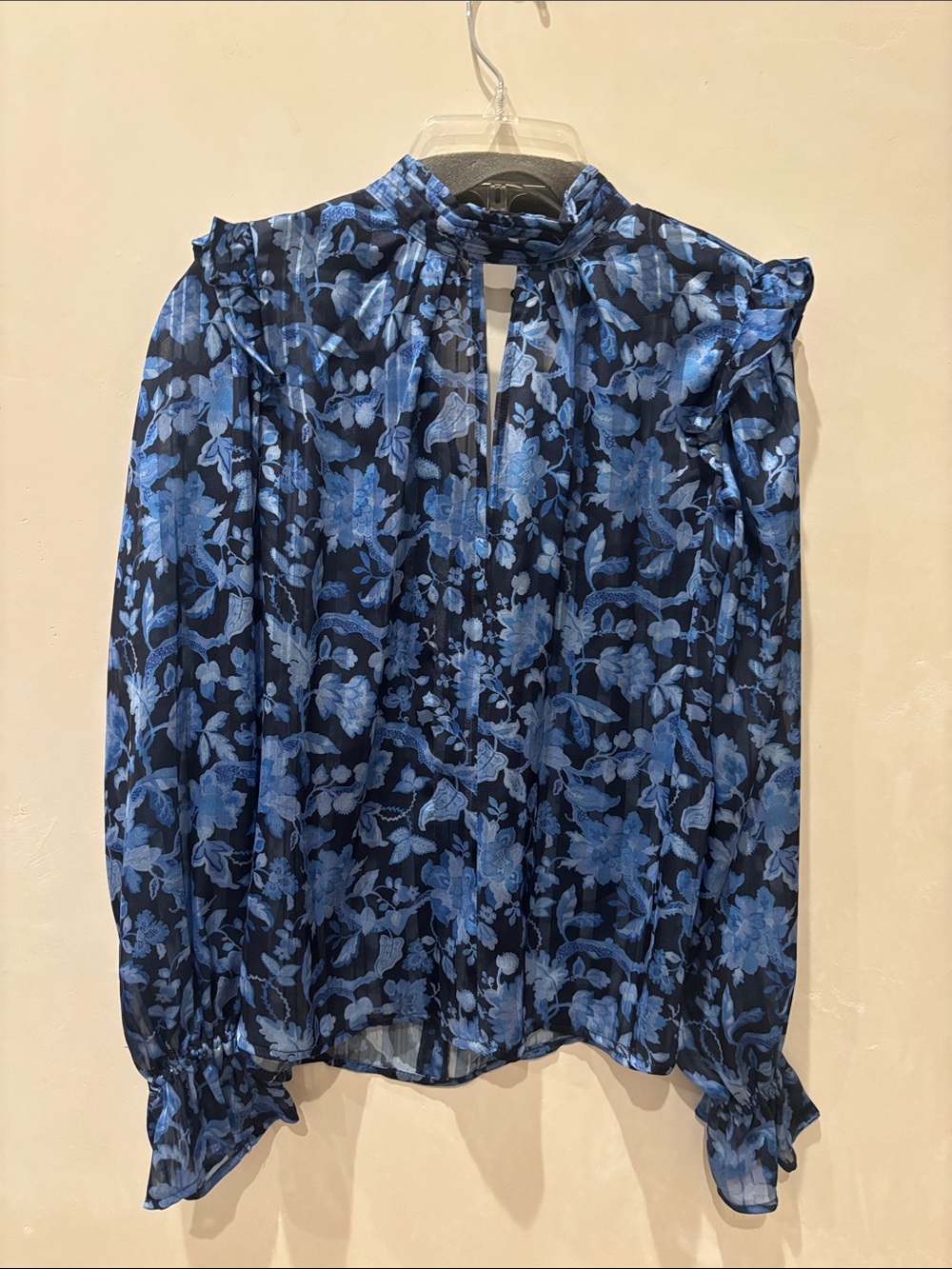 French Connection Navy and Blue Floral Ruffle Blouse